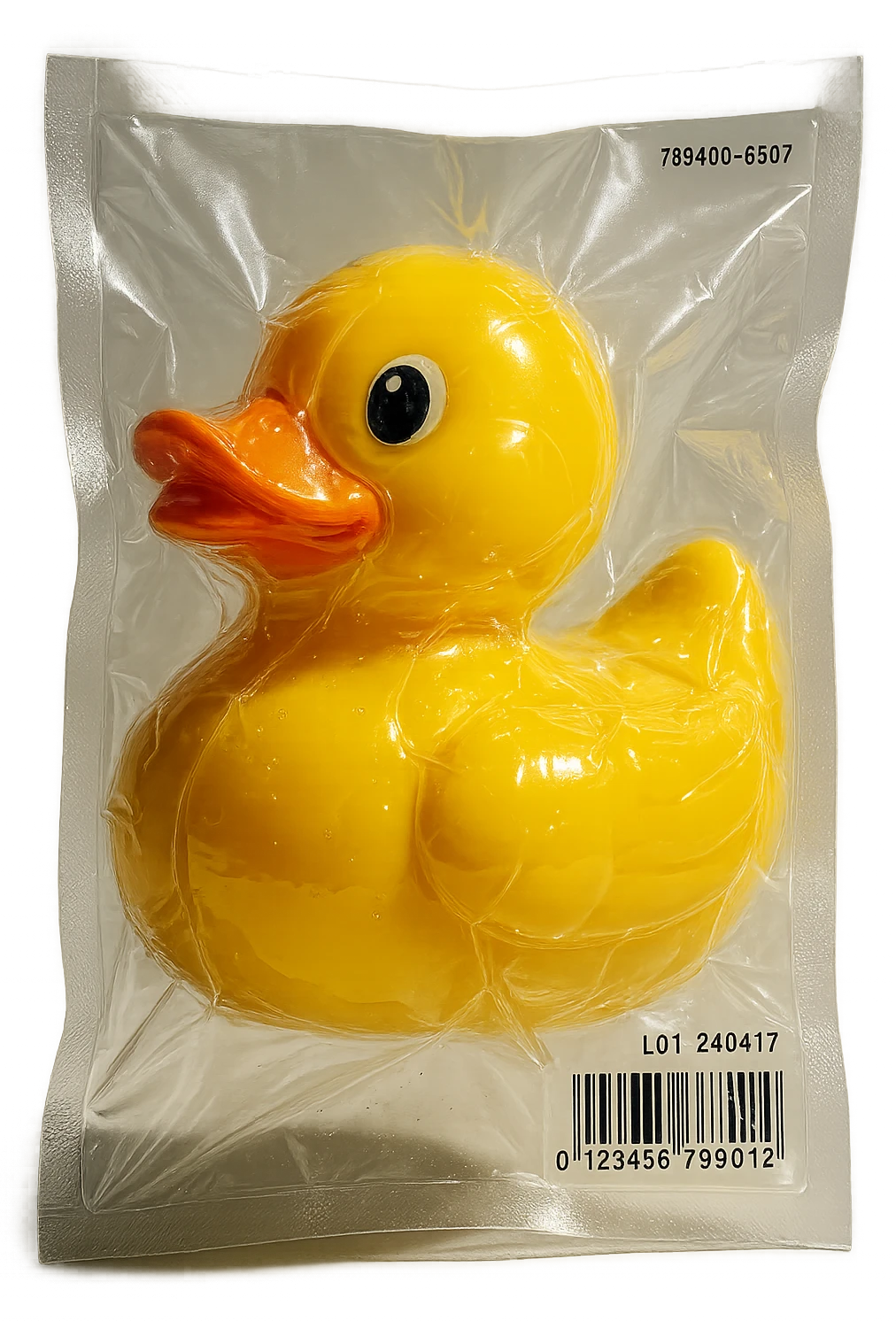 vacuum-sealed rubber duck, shiny and tightly wrapped emoji