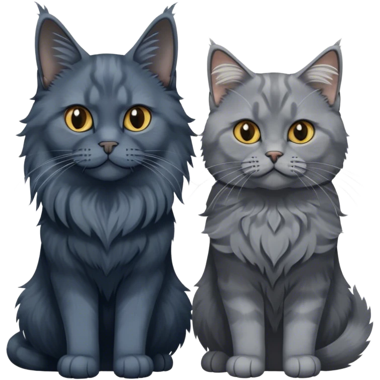Portrait of a black smoke Maine Coon cat with long grey ear tufts, alongside a British Shorthair cat with a solid blue coat. Both cats with detailed fur textures and playful expressions. Soft, elegant background with warm, natural tones. Transparent background. emoji