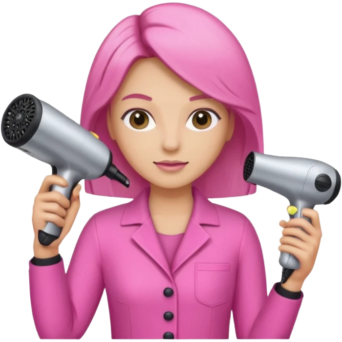 peluquera con secador de pelo y peine en la mano, vestida de rosa emoji