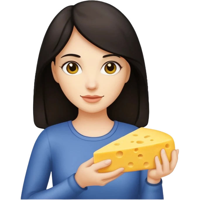 dark haired woman holding cheese piece emoji