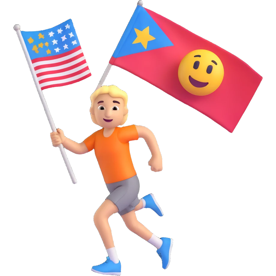 happy runner waving a flag that says 'emojiland' emoji