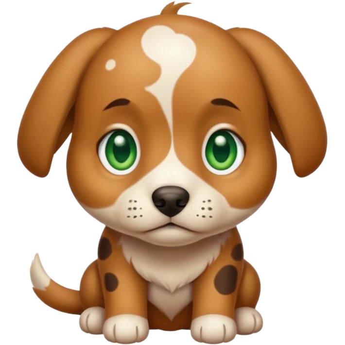 Cute puppy with tan spots and base color brownish light with bold light green eyes emoji