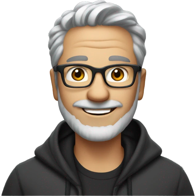 he is 45 years old with rectangular glasses, fair skin, a beard, gray hair, brown eyes. He wears a black hoodie with a chat bubble and inside says Hello with a big smile
 emoji
