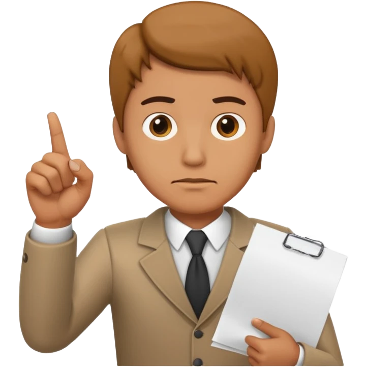 A man stands with a serious face and points his finger at his hand holding papers emoji
