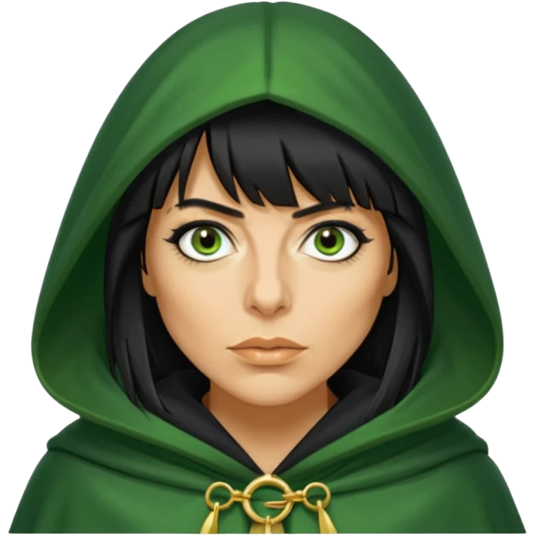 claudia winkleman with a heavy fringe and a fake tan as a traitor with a green hooded cloak with a gold clasp and dark black eyeliner emoji