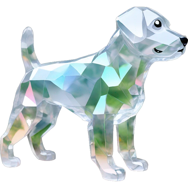 A dog made entirely of glass mirror crystals prisms glass transparent filled with plants as a terrarium emoji
