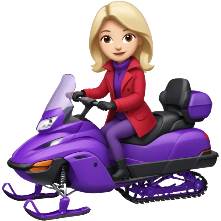 Woman wearing red coat  on purple snowmobile emoji