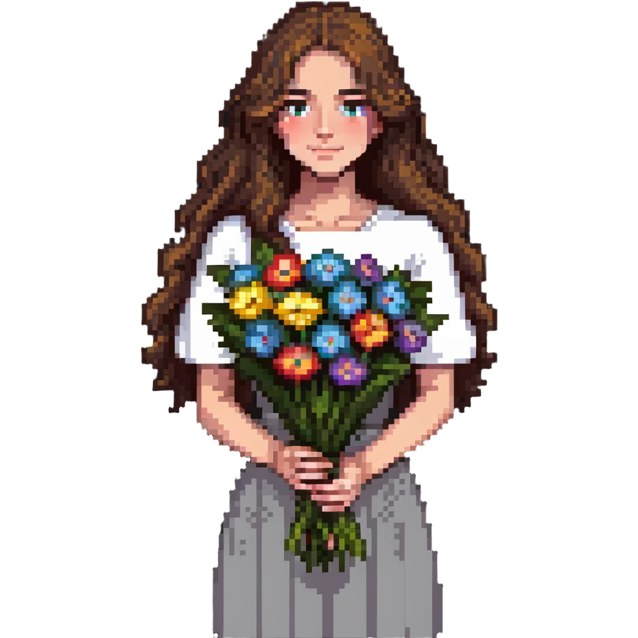 Cool girl with long brown hair holding a bouquet of flowers emoji