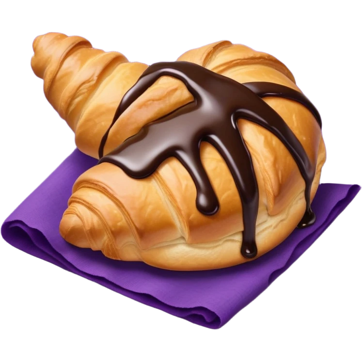 There's a croissant with chocolate syrup on a purple napkin emoji