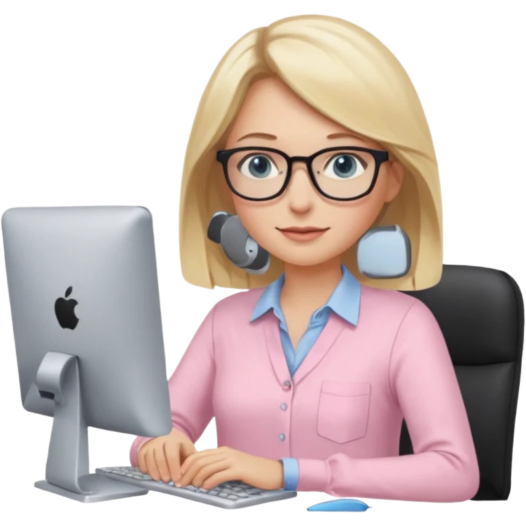 redattrice editoriale. Bionda, capelli lisci biondo scuro, lunghezza media. Occhi azzurri/blu con occhiali. è al pc a lavorare. Indossa una camicetta rosa chiaro emoji