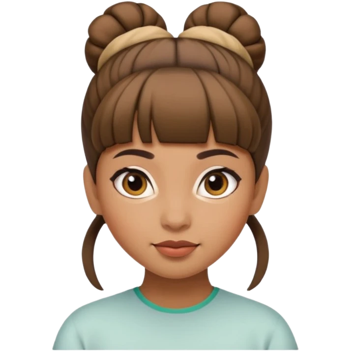 In Apple Memoji format, a girl with bangs and her hair in a bun. The girl has light brown skin and arab ethnic features emoji