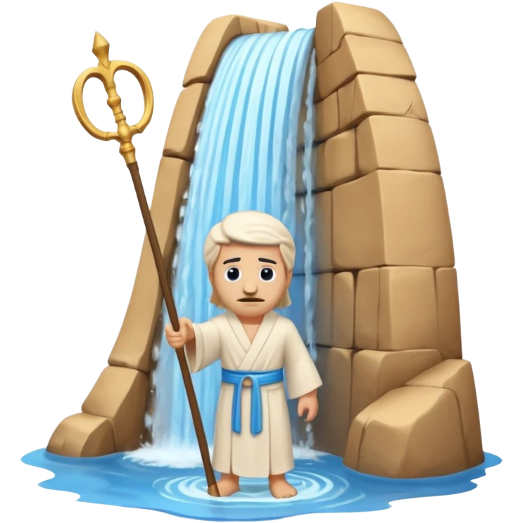 iOS-style 3D emoji: parted sea forming two high curved water walls, with a small figure of Moses in the middle holding a raised staff, standing on dry ground. emoji