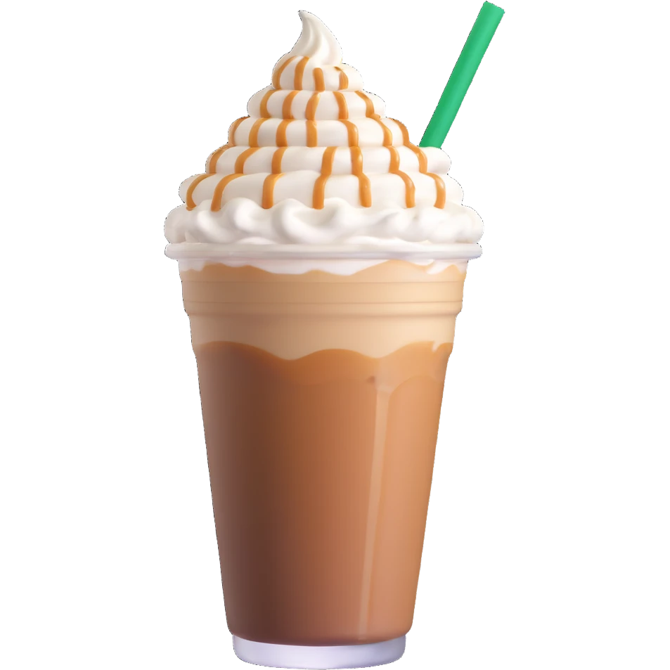 Starbucks iced latte in plastic cup with whipped cream and caramel drizzle emoji