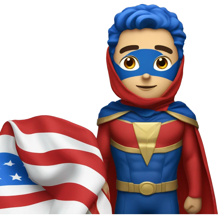 Emoji of Homelander from ‘The Boys’ series. USA flag-inspired costume with cape (red, blue, white). Confident, slightly menacing expression. emoji