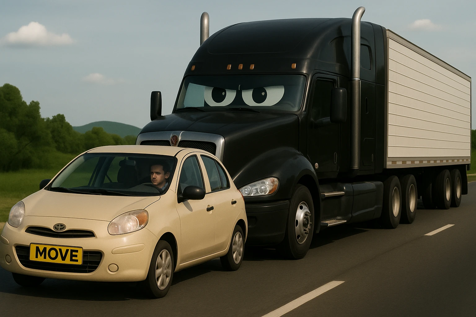 Remove the year 2026 from the black truck, add a visible person inside the car in front, keep the truck black and the rest of the scene the same. emoji