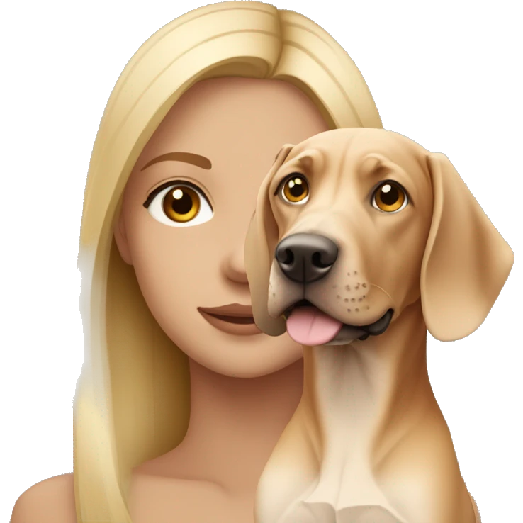 Blonde girl with blue eyes and a Hungarian vizla dog emoji