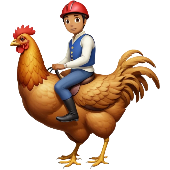 person riding a giant chicken like a jockey, funny meme, comical, human jockey on chicken emoji