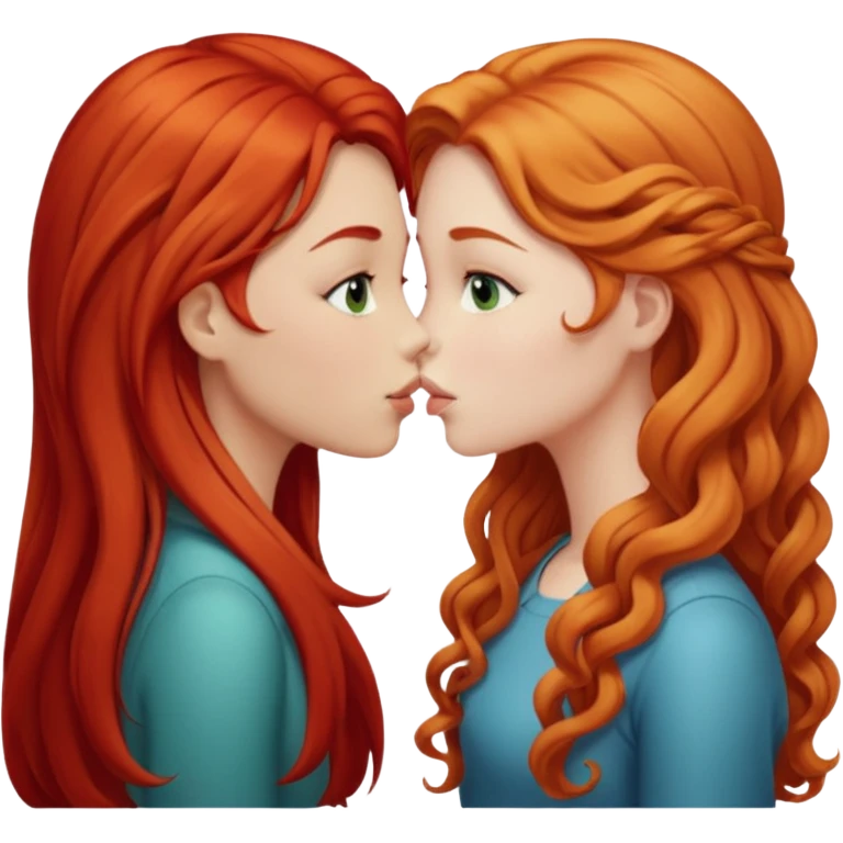 two girls kissing, one with long straight red hair, the other with long curly blonde hair emoji