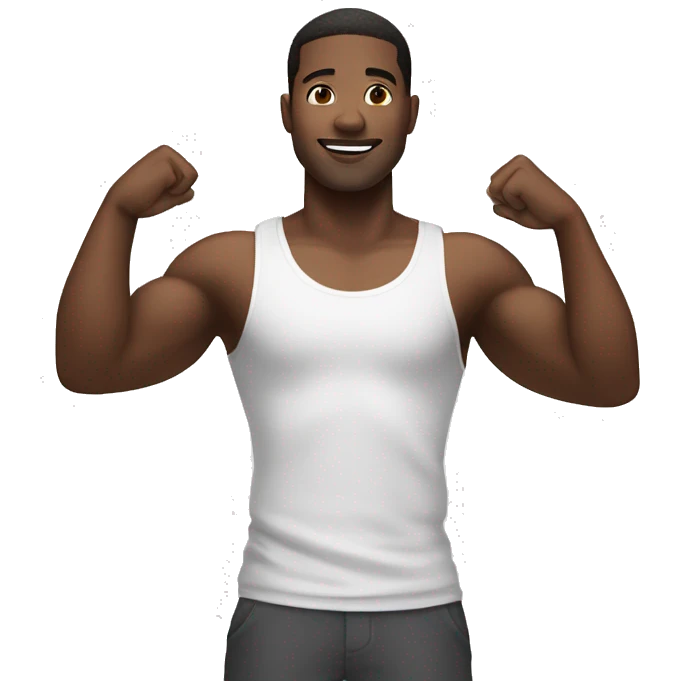 a black man wearing a white tank top standing straight with his arms raised straight up emoji