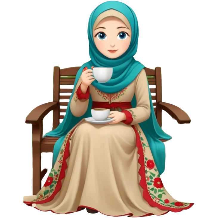 Turkish beautiful finish Konya girls blue eyes with Beautiful beige red green floral hijab long tail dress and this two friends sit in a lovely garden on the chair on the ground and holds cup coffe with her hand  emoji
