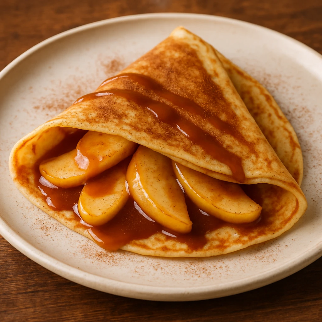 a French crepe with apple slices and caramel sauce, folded and garnished with cinnamon, photorealistic emoji
