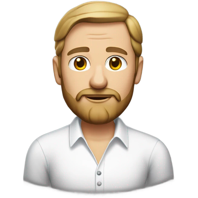 middle aged english man, short slicked back hair dark blonde, dark blonde medium length size full beard, wearing only a plain white smart shirt unbuttoned. emoji