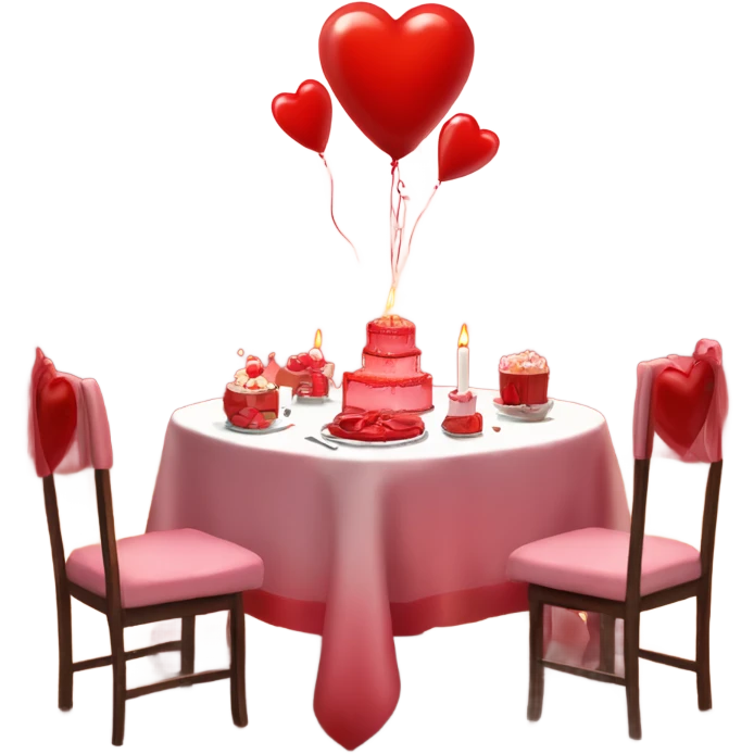 Red romantic party setting for two people and heart balloon  table with white cloth and candle with bows on the table and white Korean cake emoji