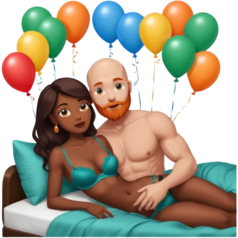 Muscular Bald white male who has a orange beard & blue eyes, kissing curvy African American dark brown woman who has long brown black hair wearing dark green lingerie Laying in bed with chocolate birthday cake and balloons  emoji