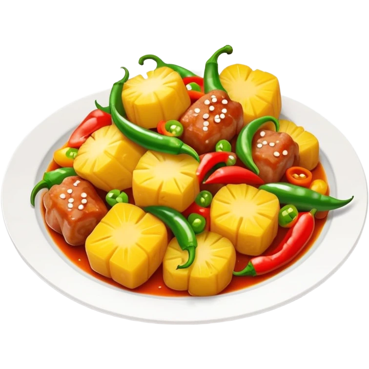 Sweet and Sour Pork with pineapple and bell peppers, simplified emoji style with bold outlines and bright colors, cartoon style Gu Lao Rou popular dish emoji