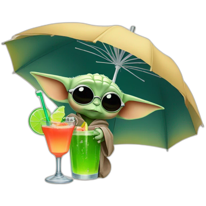 baby Yoda wearing sunglasses and drinking an umbrella cocktail emoji