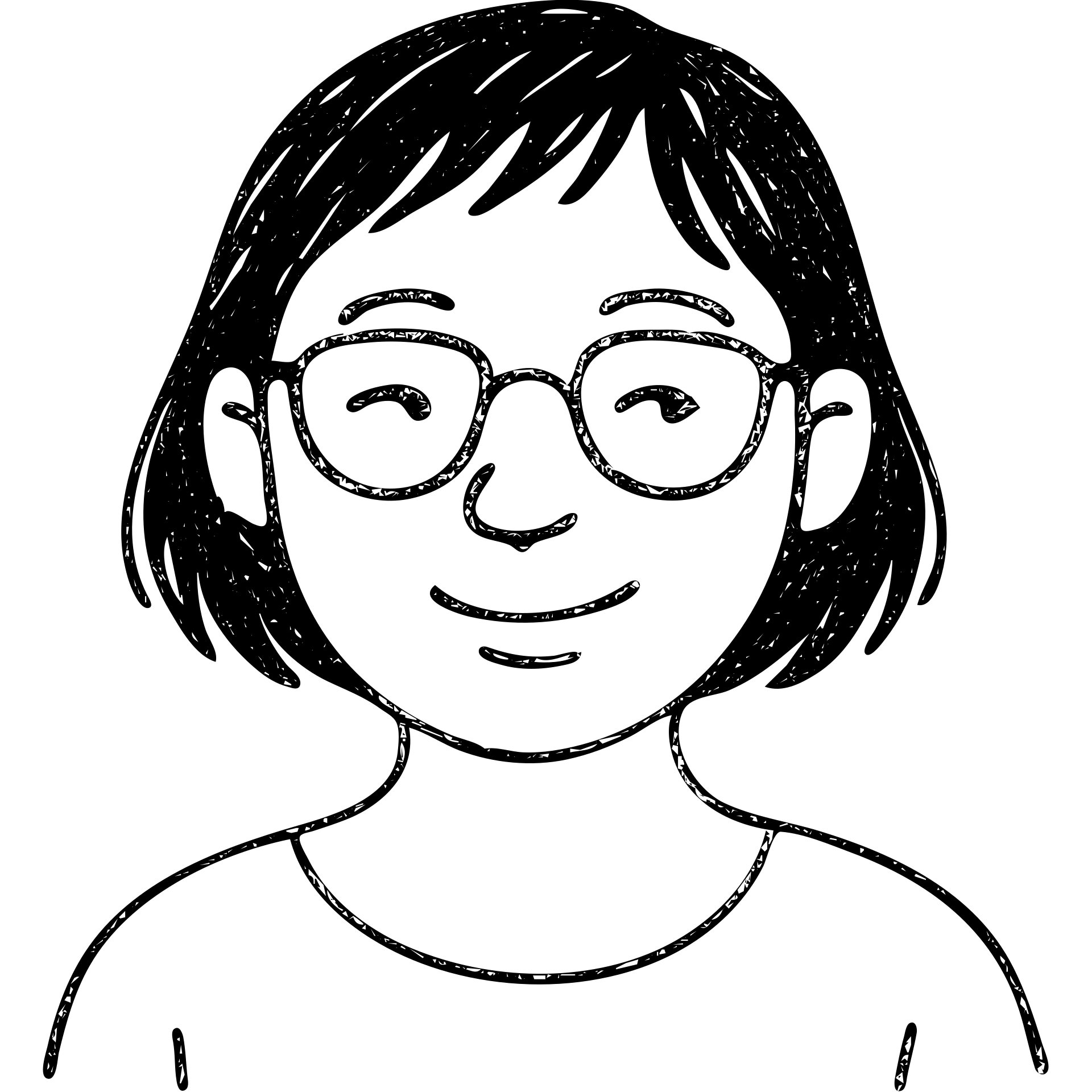 Asian girl with tan skin, short black hair, and glasses, hand drawn outlined icon emoji