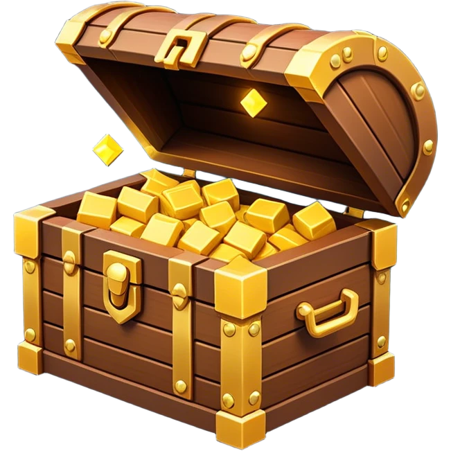 Clash of Clans aesthetic: Cinematic Playful Pixel 3D Treasure Chest Portrait Emoji, rendered in a 3D vector-style similar to standard emojis with minimal shading and bold, simplified shapes. A compact, distinct form with signature details, softly glowing with a pixelated adventure charm. Simplified yet unmistakably iconic, highly detailed and consistent, glowing with a soft radiance and high shine. Stylized with a touch of classic pixel-art charm and a soft glowing outline, capturing the essence of a beloved gaming relic with a friendly, playful manner! emoji