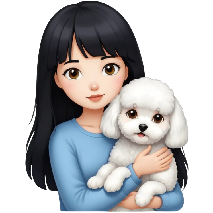 A beautiful girl with long black hair and bangs hugs a little Bichon Frise tightly emoji