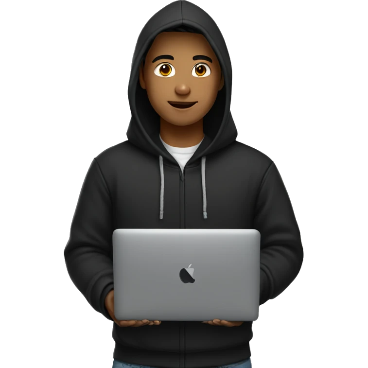 indonesian boy wearing black hoodie with macbook emoji