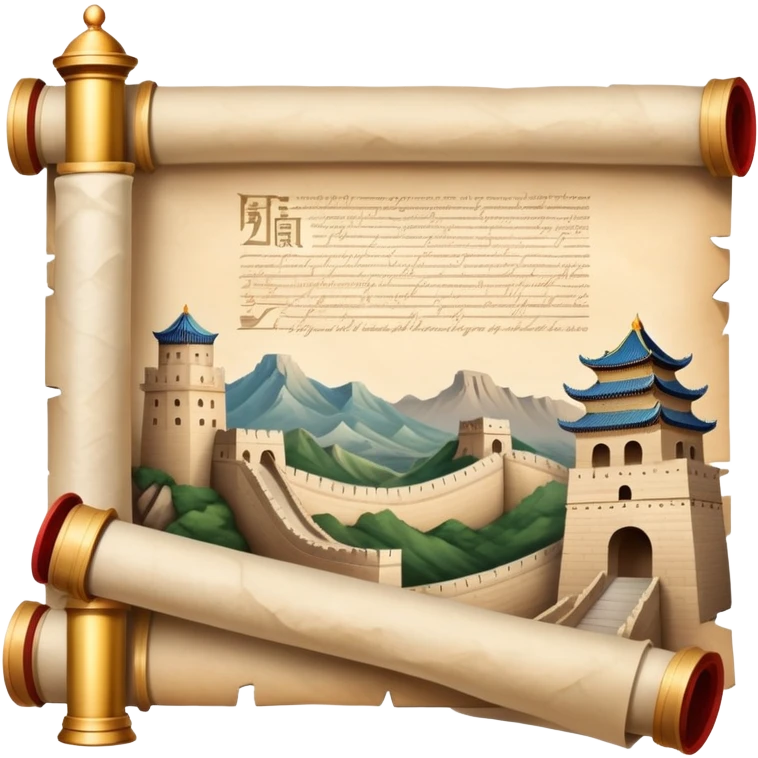 icon featuring an ancient scroll, quill pen with famous historical landmarks and monuments like the Great Wall and the Colliseum in the background. Historical figures are depicted as statues, symbolizing the study of history. Transparent background highlights the legacy of past civilizations. emoji