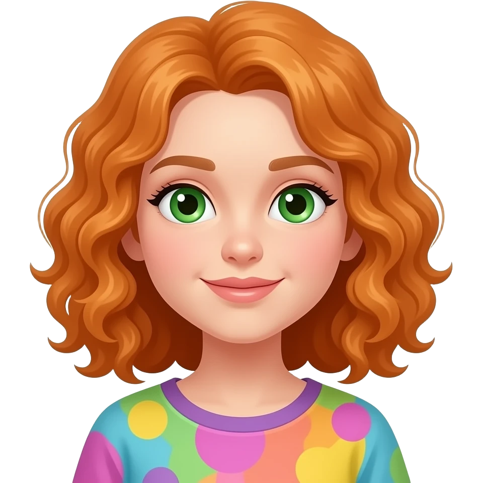 okey let's change gender make a girl a bit cutter make hair longer like shoulder length and green eyes orange curly hair add colorful clothes emoji
