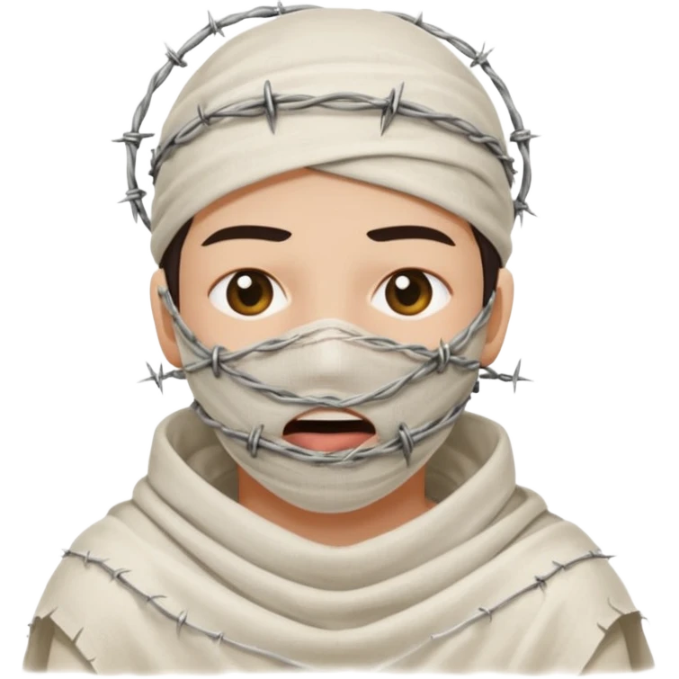 Head wrapped in gauze, mouth sealed with barbed wire. emoji