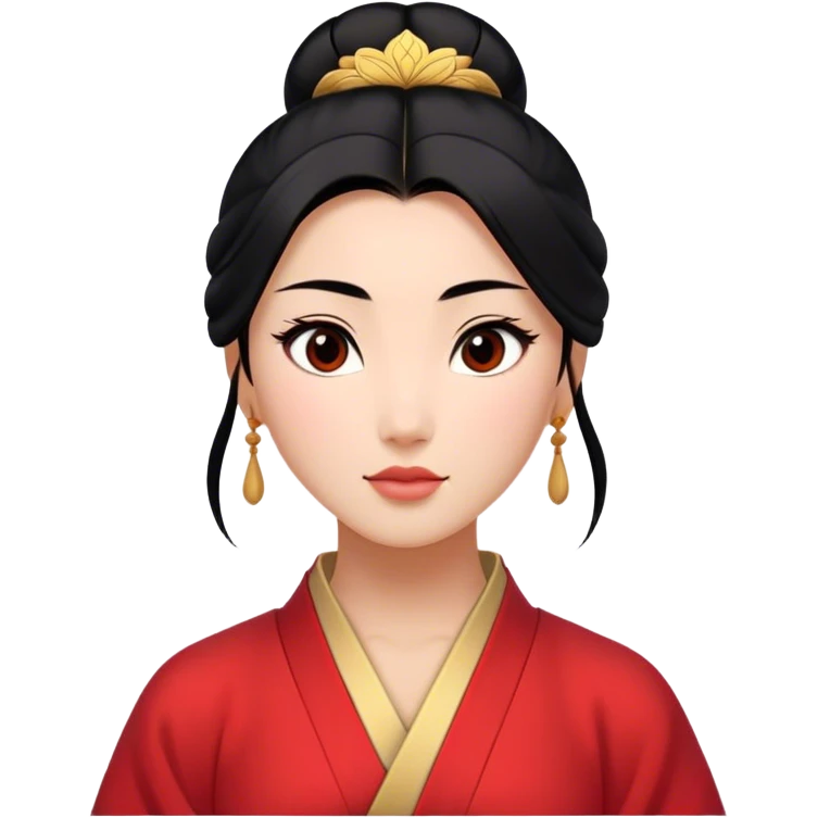 Cinematic Elegant Mulan Portrait Emoji, rendered in a realistic, vector-style with minimal shading and bold, simplified shapes. Depict Mulan (chest and above) with warm, light-toned skin, almond-shaped eyes, and sleek black hair styled in a traditional bun. She wears a modest, traditional robe with subtle red and gold accents, glowing with a soft, refined radiance and high shine, capturing timeless beauty and inner strength. emoji