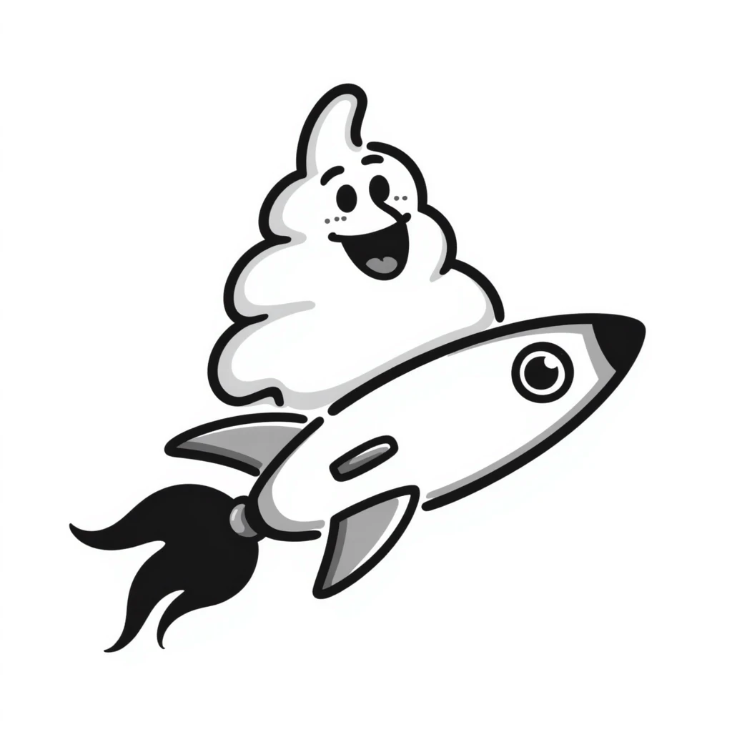 hand-drawn doodle of a turd with lipstick riding a rocket emoji