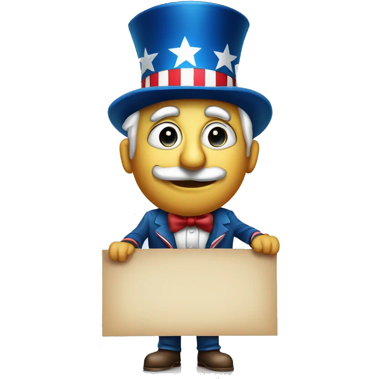 Uncle Sam with pitiful eyes holds a sign at full height waist photorealistic serious emoji