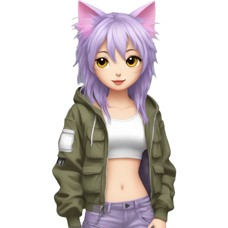 Edgy cool shy beautiful pretty anime punk tomboy with cat ears techwear cargo pants hoodie emoji