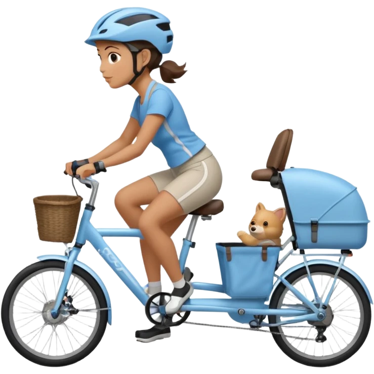 A women who rides a gray e bike with a light blue bike trailer for kids which is attached to the bicycle  emoji