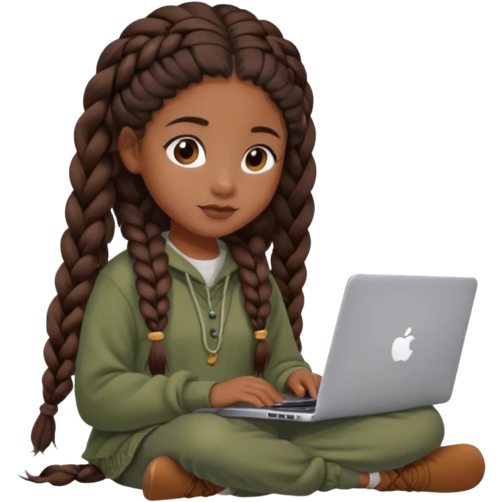cute black girl with long braided hair, sitting at an Apple laptop, wearing cozy soft aesthetic clothing emoji