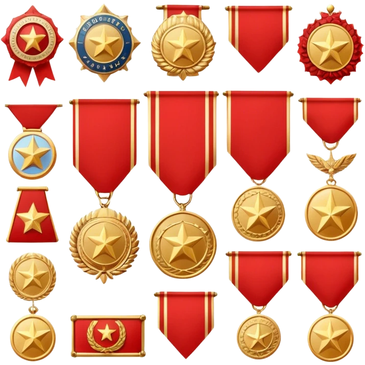 Icon for Collecting Orders, Medals & Badges: a variety of vintage orders, medals and badges, displayed neatly on a big red pennant. The icon should reflect the honor and historical significance of these collectible items. Transparent background. emoji