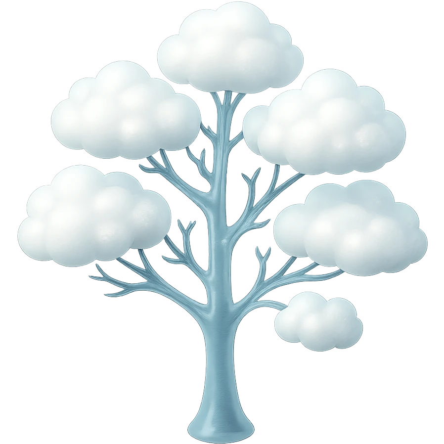 one tree with many branches and a white trunk, crown made of small very bright white fluffy convex clouds, matte glass style emoji