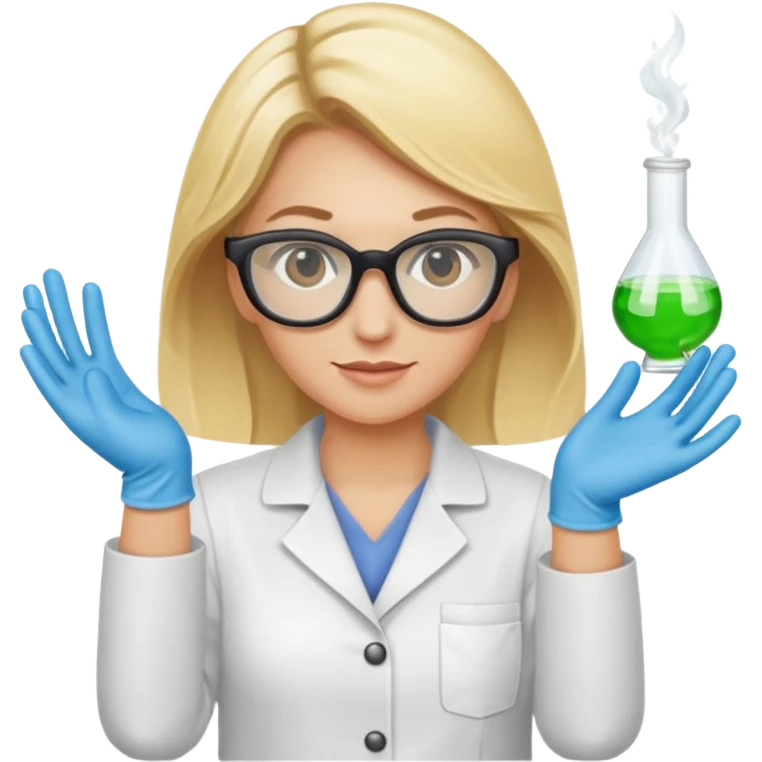 Eine hellblonde Chemikerin mit Kittel, Handschuhen großer Labor-Sicherheitsbrille und typischem Erlmeyerkolben in der Hand emoji