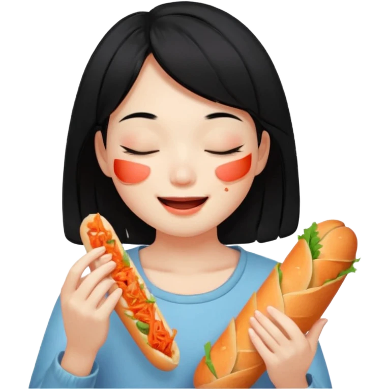 Girl black long hair eat kimchi close eyes baguette emoji