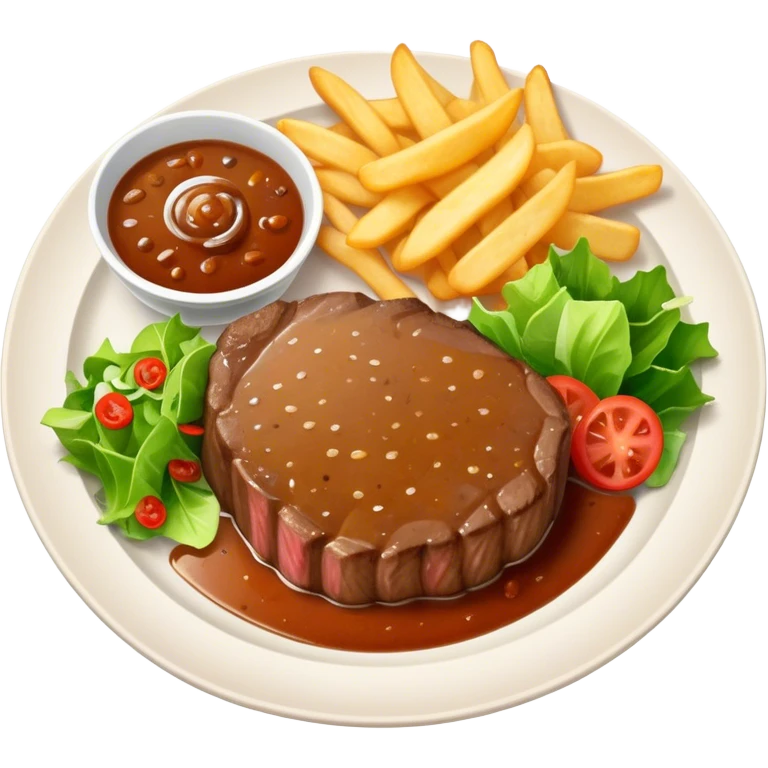 big juicy australian steak meal featuring chips, small salad in a ramikan and gravy in a small bowl on the plate emoji