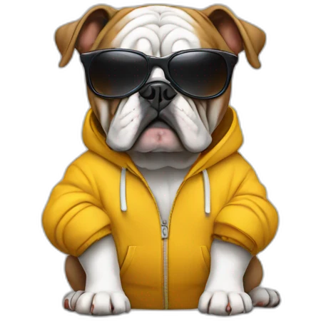 a bulldog wearing a hoody an has a sunglasses emoji