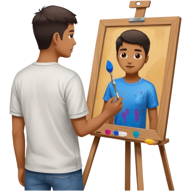 the artist stands with his back to the painting, painting a portrait emoji
